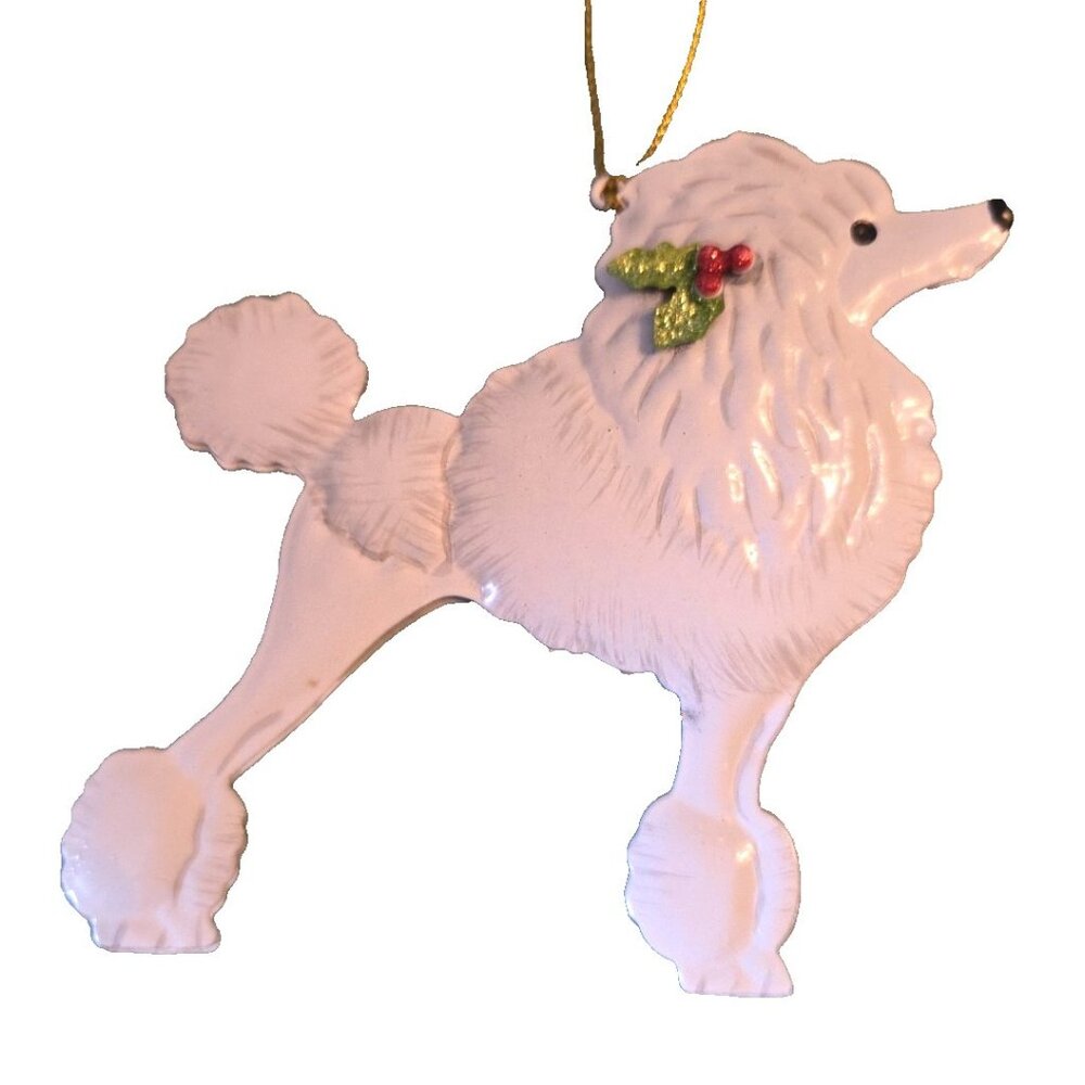 Pier 1 White Poodle Metal Ornament with Holly FAST SHIP
